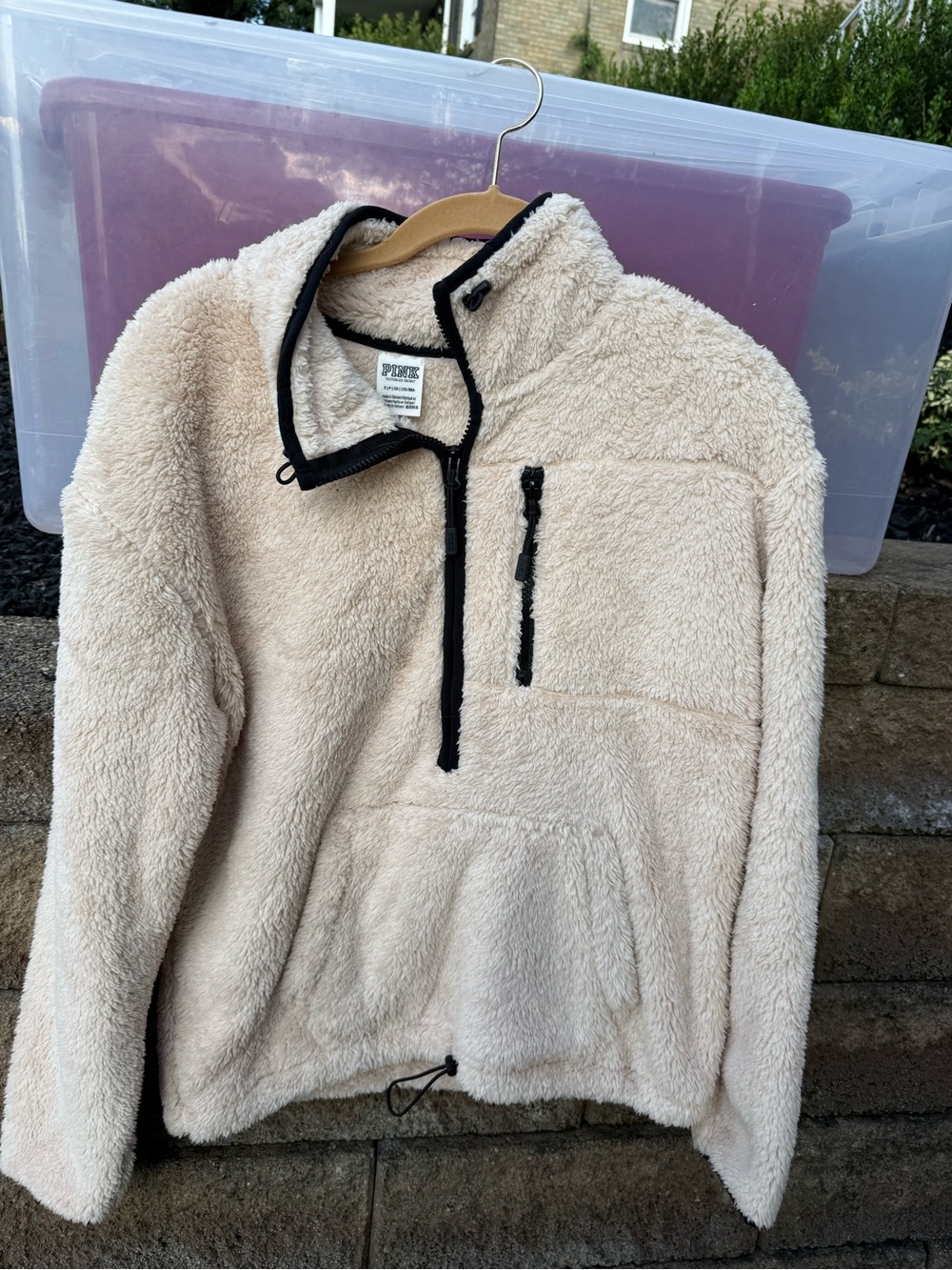 PINK Victoria's Secret Cream Sherpa Quarter-Zip Pullover with Black Trim